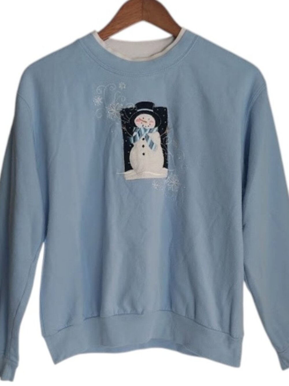 Vtg Decorated Originals Womens Medium Blue Embroidered Snowman Christmas Crew